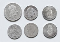 Franz Joseph I. 1848 - 1916
 LOT 1 Stk. Doppelgulden 1883, 5 Stk. Gulden und Forint, 2 Stk. Forint 1886 KB, Forint 1888 KB, Gulden 1858 E und Gulden ...