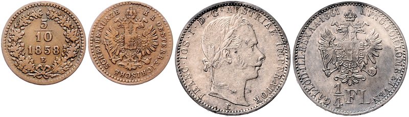 Franz Joseph I. 1848 - 1916
 LOT 5/10 Kreuzer 1858 E (ss) Fr. 1682 und 1/4 Guld...
