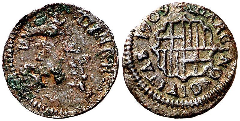 1709. Carlos III, Pretendiente. Barcelona. 1 diner. (Cal. 48). 0,60 g. Concrecio...