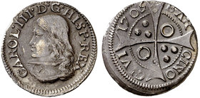1705/6. Carlos III, Pretendiente. Barcelona. 1 croat. (Cal. falta var) (Cru.C.G. falta). 2,34 g. Pátina. MBC/MBC+.