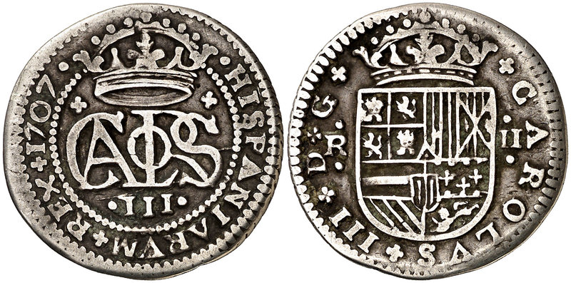1707. Carlos III, Pretendiente. Barcelona. 2 reales. (Cal. 23). 4,66 g. Escasa. ...