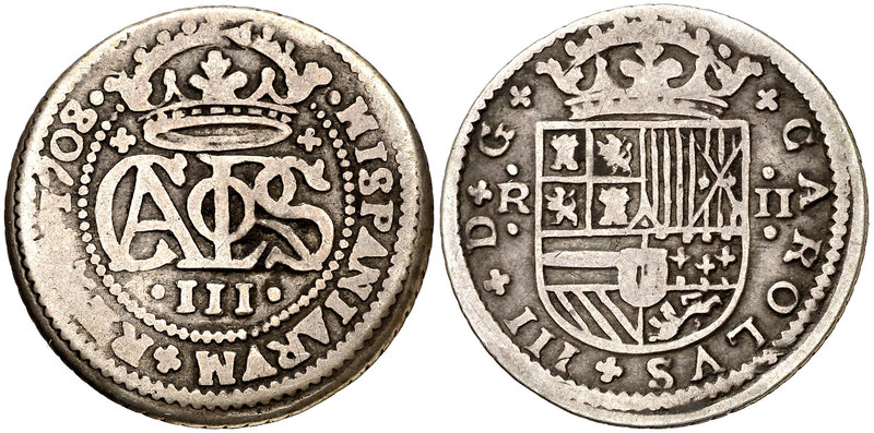 1708. Carlos III, Pretendiente. Barcelona. 2 reales. (Cal. 24). 4,47 g. BC+/MBC-...