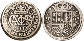 1708. Carlos III, Pretendiente. Barcelona. 2 reales. (Cal. 24). 4,47 g. BC+/MBC-.