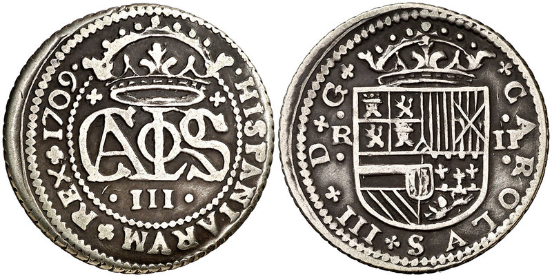 1709. Carlos III, Pretendiente. Barcelona. 2 reales. (Cal. 25). 4,86 g. MBC.
