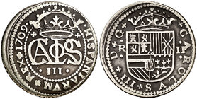 1709. Carlos III, Pretendiente. Barcelona. 2 reales. (Cal. 25). 4,86 g. MBC.