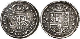 1710. Carlos III, Pretendiente. Barcelona. 2 reales. (Cal. 26). 5,46 g. MBC.