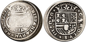 1713/2. Carlos III, Pretendiente. Barcelona. 2 reales. (Cal. 29). 4,40 g. Acuñación floja. Escasa. BC-/BC+.
