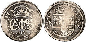 1714/3. Carlos III, Pretendiente. Barcelona. 2 reales. (Cal. 30 var). 4,63 g. Rara. BC.