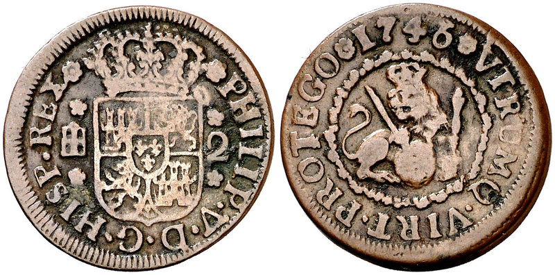 1746. Felipe V. Segovia. 2 maravedís. (Cal. 1998). 3,19 g. BC+.