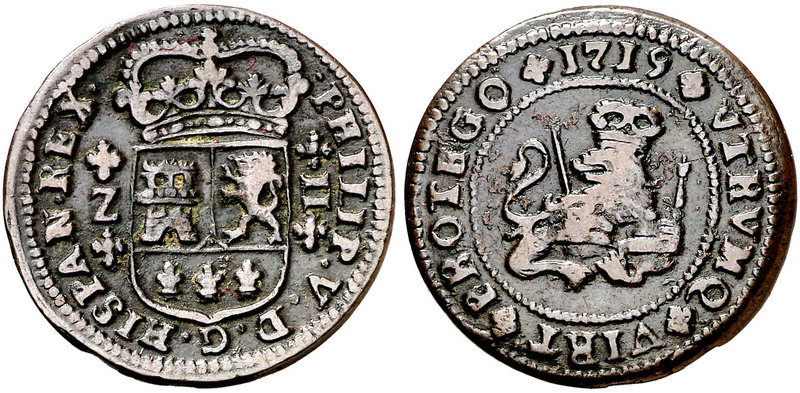 1719. Felipe V. Zaragoza. 2 maravedís. (Cal. 2026). 4,34 g. MBC-.