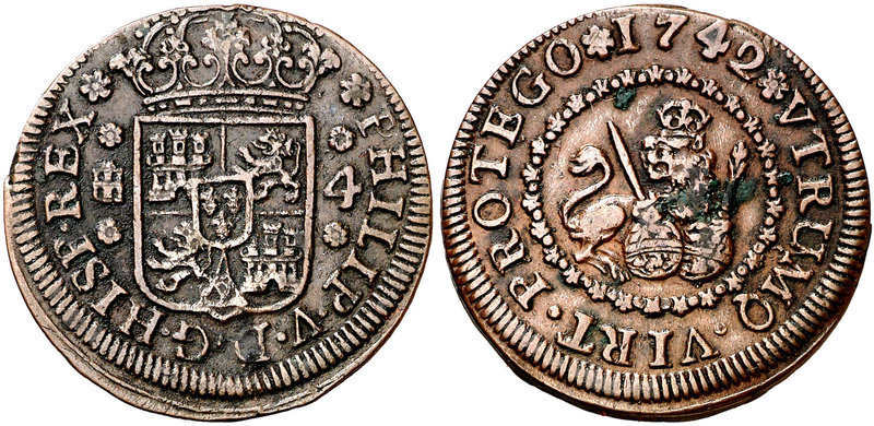 1742. Felipe V. Segovia. 4 maravedís. (Cal. 1993). 6,59 g. Algunas concreciones....
