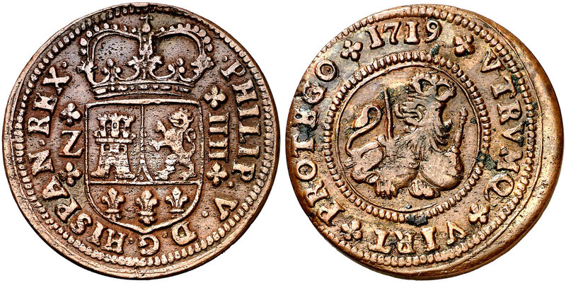 1719. Felipe V. Zaragoza. 4 maravedís. (Cal. 2024). 8,42 g. Pequeñas concrecione...