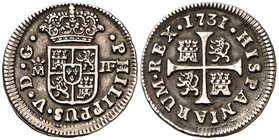 1731. Felipe V. Madrid. JF. 1/2 real. (Cal. 1797). 1,42 g. Buen ejemplar. Ex Colección de piezas de Medio Real, Áureo 17/12/2002, nº 1424. MBC+.