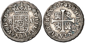 1745. Felipe V. Madrid. AJ. 1/2 real. (Cal. 1802). 1,45 g. Escasa. MBC.