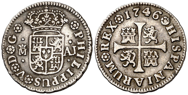 1746. Felipe V. Madrid. AJ. 1/2 real. (Cal. 1803). 1,34 g. Rayitas. Escasa. MBC.