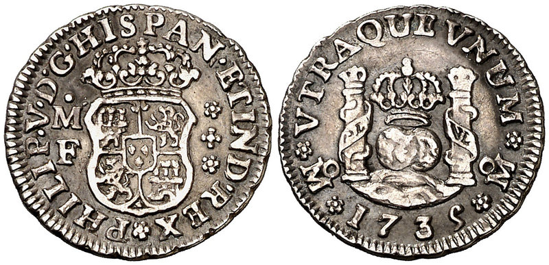 1735. Felipe V. México. MF. 1/2 real. (Cal. 1858). 1,62 g. Columnario. Buen ejem...
