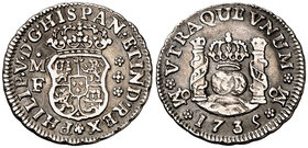 1735. Felipe V. México. MF. 1/2 real. (Cal. 1858). 1,62 g. Columnario. Buen ejemplar. Escasa así. MBC+.
