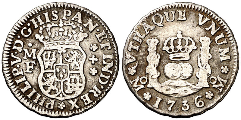 1736. Felipe V. México. MF. 1/2 real. (Cal. 1859). 1,61 g. Columnario. Ex Áureo ...
