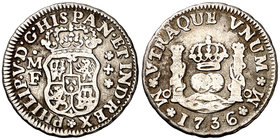 1736. Felipe V. México. MF. 1/2 real. (Cal. 1859). 1,61 g. Columnario. Ex Áureo 21/05/1996, nº 540. MBC-.