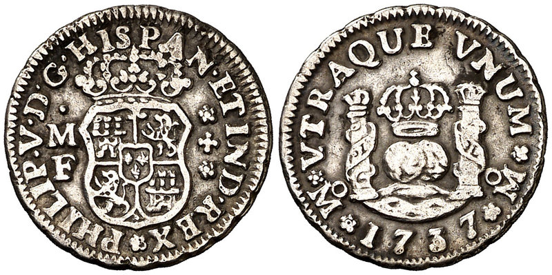 1737. Felipe V. México. MF. 1/2 real. (Cal. 1861). 1,64 g. Columnario. Ex Áureo ...