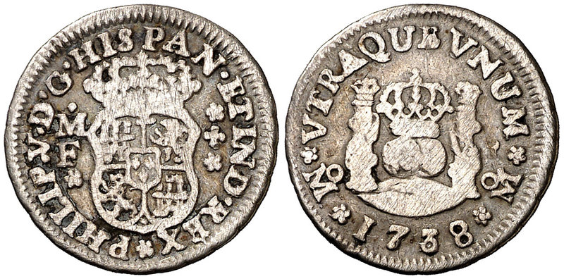 1738. Felipe V. México. MF. 1/2 real. (Cal. 1862). 1,56 g. Columnario. Rayitas. ...