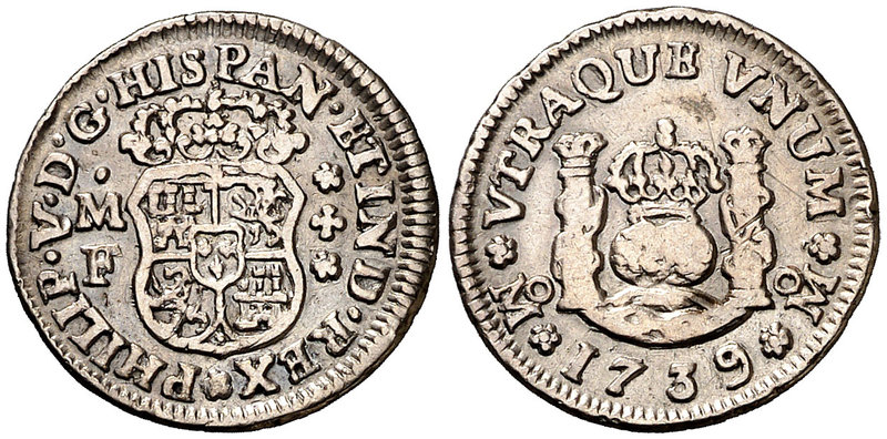 1739. Felipe V. México. MF. 1/2 real. (Cal. 1863). 1,60 g. Columnario. Rayitas. ...