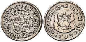 1739. Felipe V. México. MF. 1/2 real. (Cal. 1863). 1,60 g. Columnario. Rayitas. MBC/MBC-.