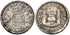 1741. Felipe V. México. MF. 1/2 real. (Cal. 1866). 1,64 g. Columnario. Golpecitos. Pátina. MBC-.