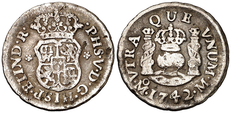 1742. Felipe V. México. M. 1/2 real. (Cal. 1867). 1,58 g. Columnario. Golpecitos...