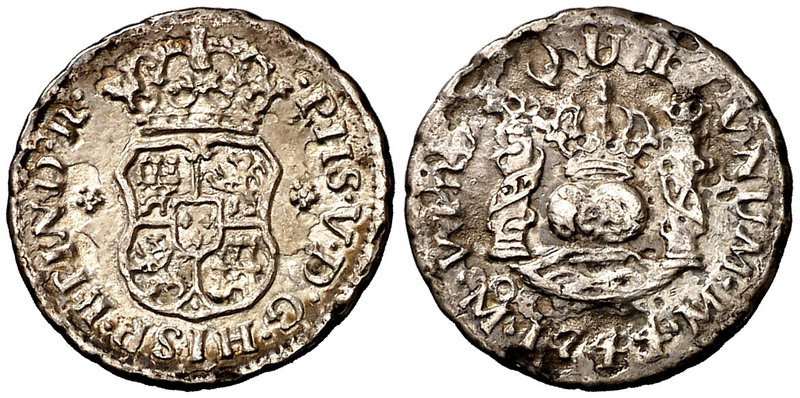 1744. Felipe V. México. M. 1/2 real. (Cal. 1869). 1,42 g. Columnario. Hojitas. O...
