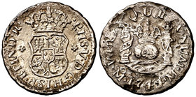 1744. Felipe V. México. M. 1/2 real. (Cal. 1869). 1,42 g. Columnario. Hojitas. Oxidaciones limpiadas. Ex Áureo 29/09/1998, nº 1378. (MBC+/BC+).