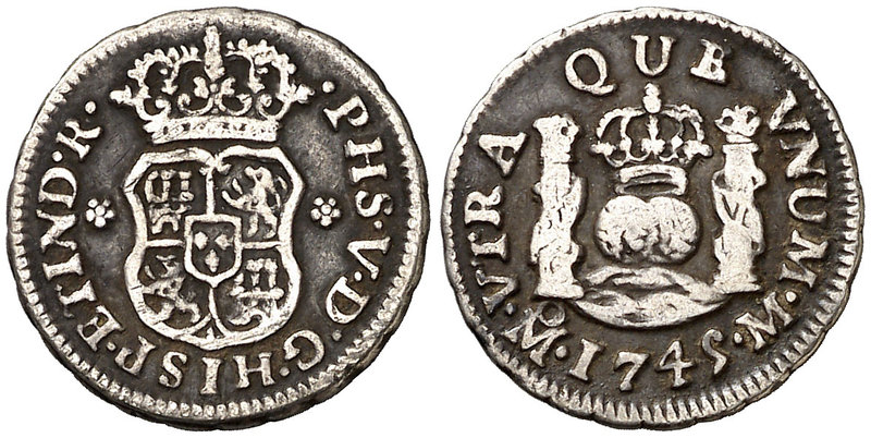 1745. Felipe V. México. M. 1/2 real. (Cal. 1870). 1,63 g. Columnario. MBC-.