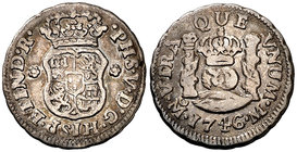 1746. Felipe V. México. M. 1/2 real. (Cal. 1871). 1,61 g. Columnario. Buen ejemplar. Escasa así. MBC+.