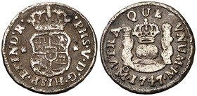 1747. Felipe V. México. M. 1/2 real. (Cal. 1872). 1,54 g. Columnario. Escasa. BC+.
