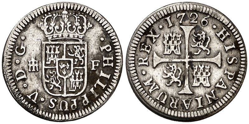 1726. Felipe V. Segovia. F. 1/2 real. (Cal. 1921). 1,39 g. Sombras. Escasa. MBC.