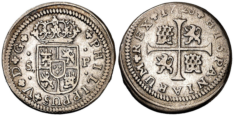 1728. Felipe V. Sevilla. P. 1/2 real. (Cal. 1925 (error de ensayador). 1,40 g. R...