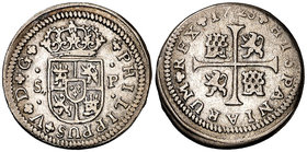 1728. Felipe V. Sevilla. P. 1/2 real. (Cal. 1925 (error de ensayador). 1,40 g. Rayitas. Ex Colección Vigo, Áureo 01/03/2000, nº 105. MBC/MBC-.