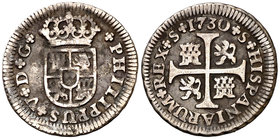 1730. Felipe V. Sevilla. 1/2 real. (Cal. 1927). 1,41 g. Sin indicación de ensayador. Oxidaciones. Escasa. BC+/MBC-.