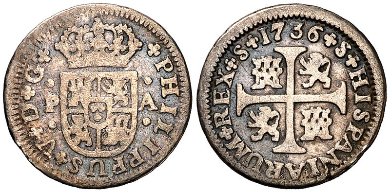 1736. Felipe V. Sevilla. PA. 1/2 real. (Cal. 1933). 1,30 g. Ex Colección Vigo, Á...