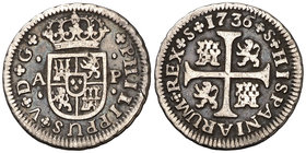 1736. Felipe V. Sevilla. AP. 1/2 real. (Cal. 1934). 1,38 g. Escasa. MBC.