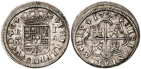 1726. Felipe V. Madrid. A. 1 real. (Cal. 1532). 3,37 g. Bella. Parte de brillo original. Ex Áureo 21/05/1996, nº 553. Escasa así. EBC.