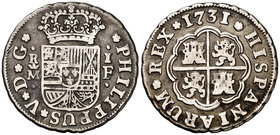 1731. Felipe V. Madrid. F (rectificada sobre JJ). 1 real. (Cal. 1539). 2,86 g. Único año de este ensayador. Escasa. MBC-/BC+.