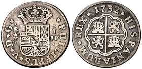 1732. Felipe V. Madrid. JF. 1 real. (Cal. 1540). 2,77 g. Rayitas. Ex Colección Vigo, Áureo 01/03/2000, nº 171. BC+/MBC-.