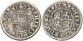 1744. Felipe V. Madrid. AJ. 1 real. (Cal. 1554). 2,89 g. Escasa. MBC-/BC+.