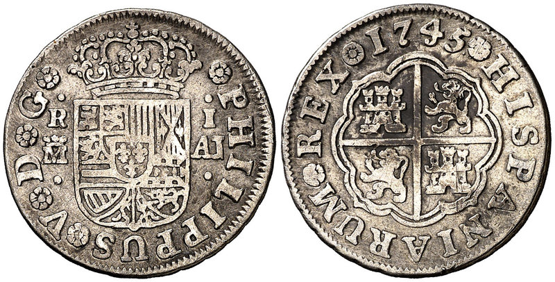 1745. Felipe V. Madrid. AJ. 1 real. (Cal. 1555). 2,62 g. Manchitas. Escasa. MBC-...