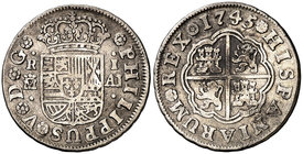 1745. Felipe V. Madrid. AJ. 1 real. (Cal. 1555). 2,62 g. Manchitas. Escasa. MBC-.