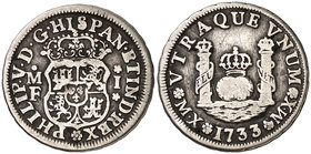 1733. Felipe V. México. MF. 1 real. (Cal. 1591). 3,22 g. Columnario. Marca de ceca: MX. Rayitas. Rarísima. MBC-/BC+.