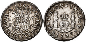 1735. Felipe V. México. MF. 1 real. (Cal. 1597). 3,40 g. Columnario. Leves golpecitos. Buen ejemplar. Ex Áureo 07/03/2001, nº 1527. MBC+.