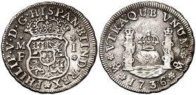 1736. Felipe V. México. MF. 1 real. (Cal. 1598). 3,22 g. Columnario. Oxidaciones. Ex Áureo 04/03/1998, nº 3359. (MBC/MBC-).
