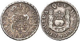 1743. Felipe V. México. M. 1 real. (Cal. 1605). 3,36 g. Columnario. Leves rayitas. Ex Áureo 21/05/1996, nº 564. MBC+/MBC.